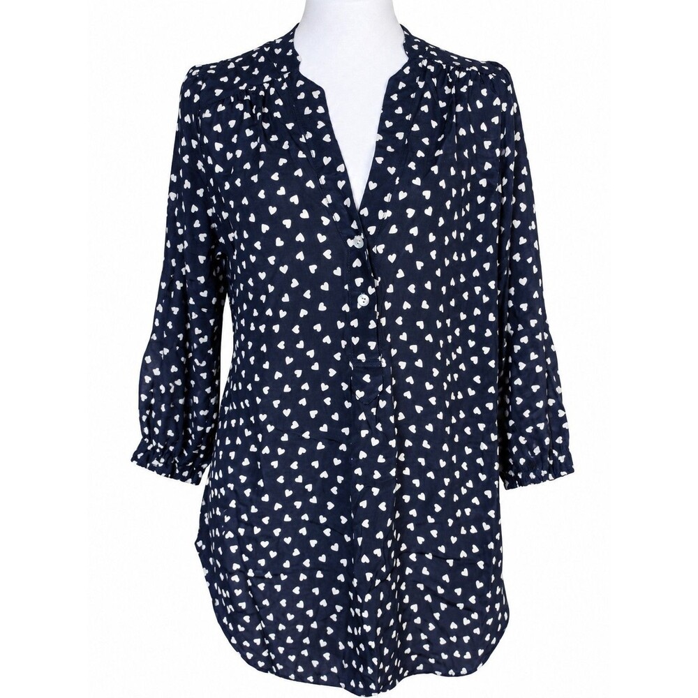 Amour Vert for Stitch Fix Navy Heart Print Button Front Blouse Size M Made in US